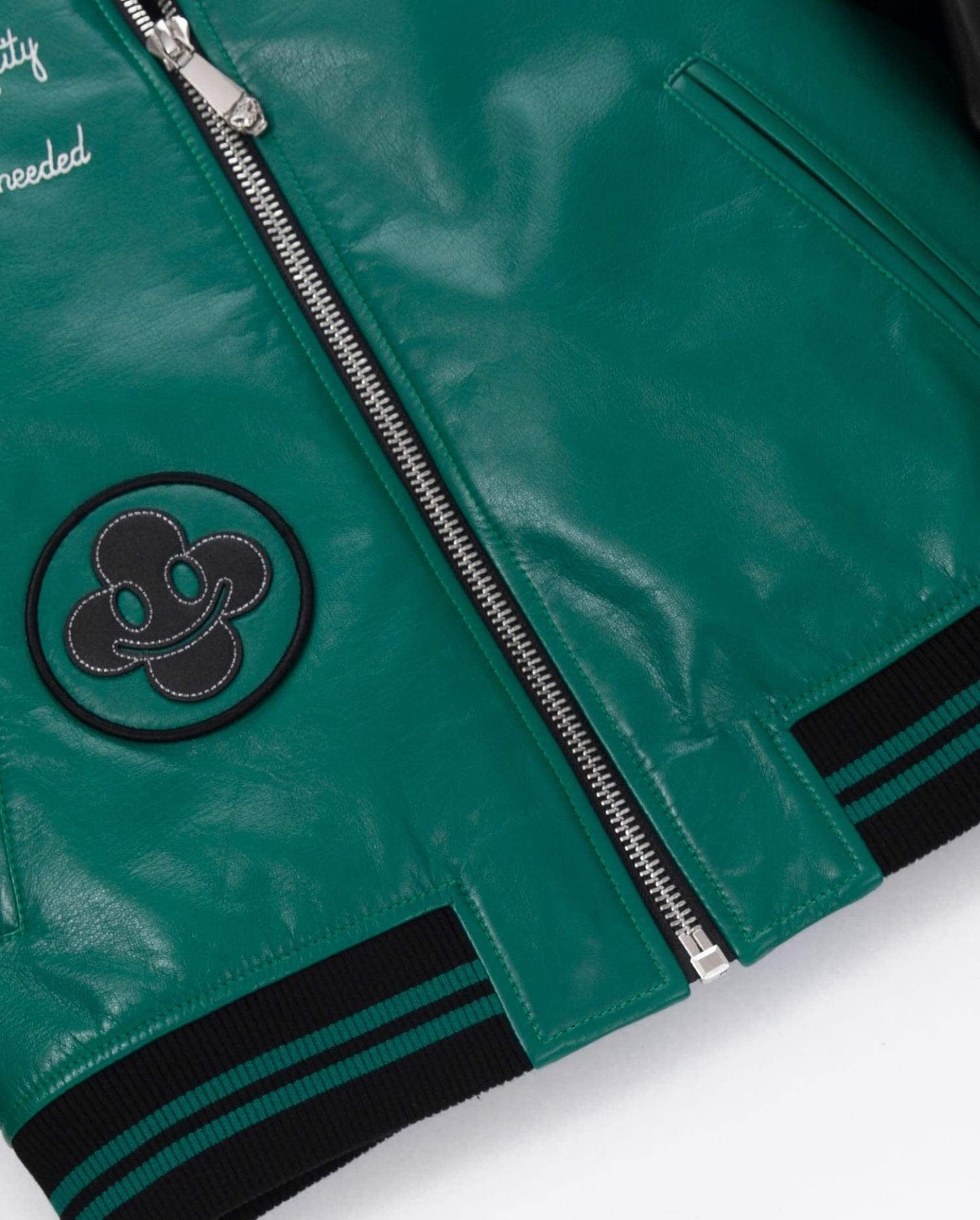 Green-black Splicing Designed Lambskin Leather Varsity Bomber Jacket