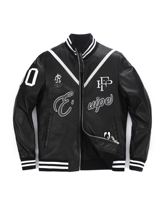 Black Embroidery Patched Genuine Leather Varsity Letterman Bomber Jacket
