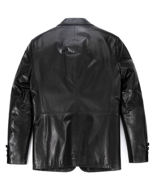 Black Indentation Patch Genuine Leather Blazer Coat