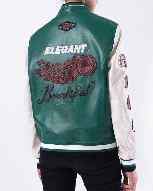 Lambskin Patched Color Splicing Leather Varsity Bomber Jacket