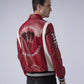 Red Patched Button Leather Bomber Varsity Jacket