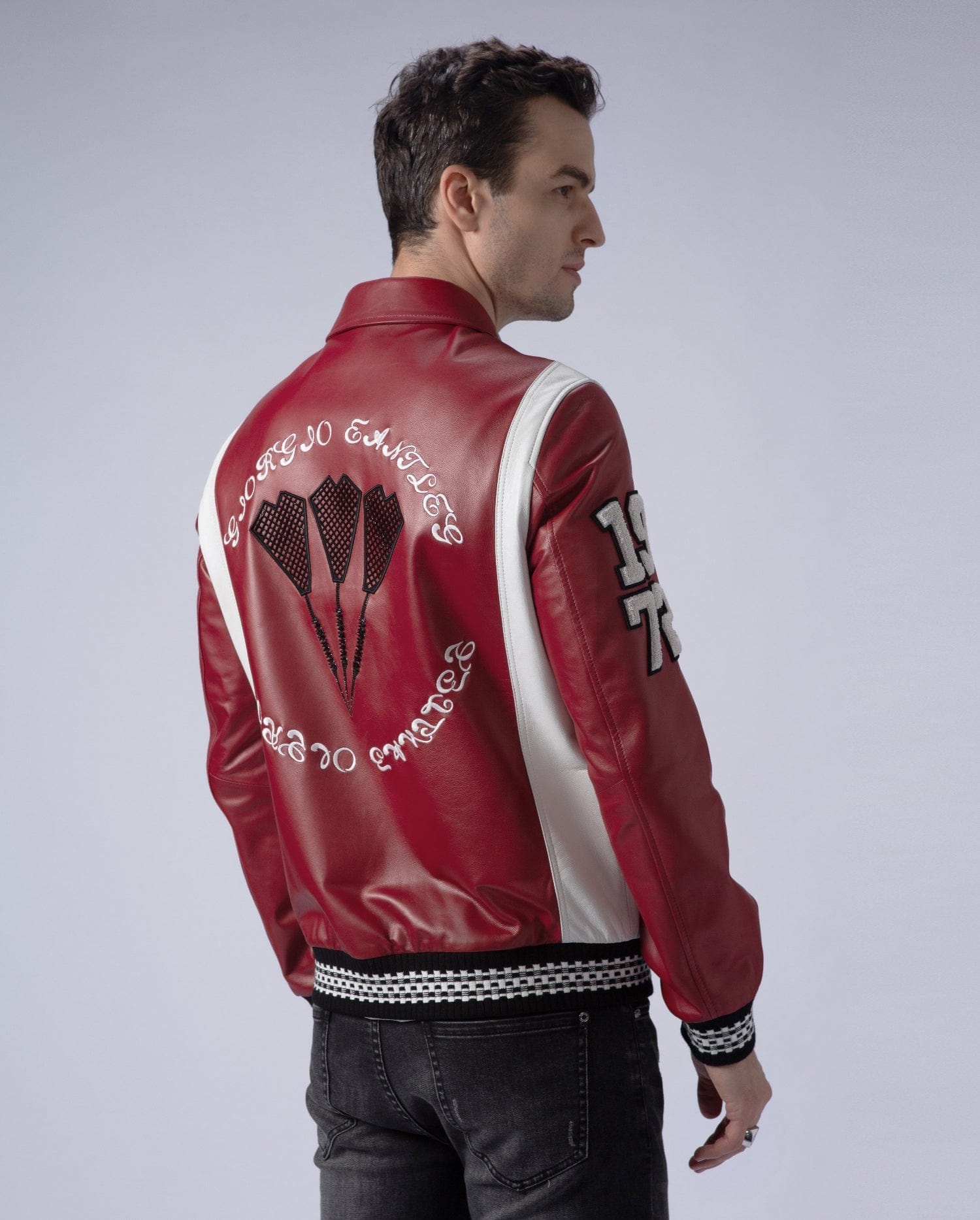 Red Patched Button Leather Bomber Varsity Jacket