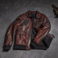 Brown Shirt Collar Patched Goatskin Leather Bomber Jacket