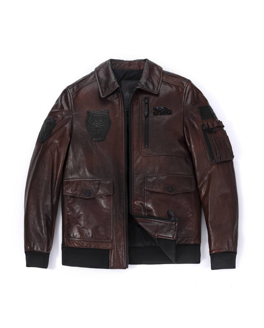 Dark Brown Patched Goatskin Leather Bomber Jacket