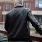 Fur collar leather jacket with embossed icon